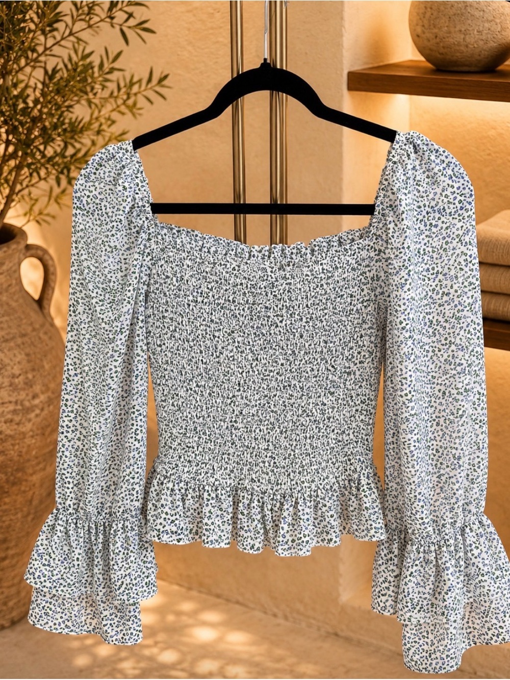 Japna Floral Smocked Peplum Blouse Size S | Long Sleeve Cottagecore Top